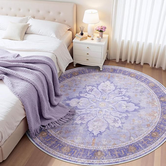 Area Rugs 6ft Washable Non-Slip, Floral Vintage Distress Print Pattern Medallion Carpet for Living Room Bedroom Dining Room, Light Purple Brown