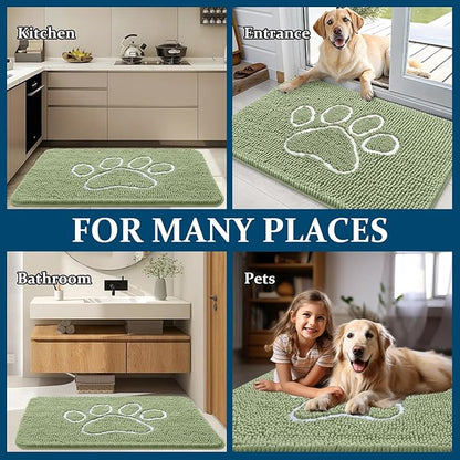 OLANLY Dog Door Mat for Muddy Paws 36x24, Paw Print Design, Absorbs Moisture and Dirt, Non-Slip Washable Doormat, Quick Dry Chenille Mud Mat for Dogs, Entry Indoor Entryway Carpet, Sage Green