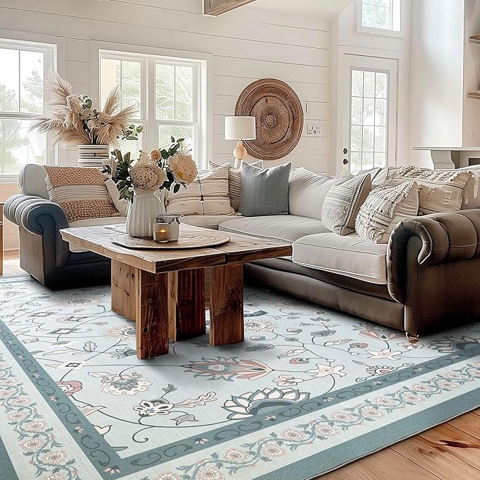 EVERGRACE Area Rugs for Living Room 9x12, Boho Floral Faux Wool Indoor Outdoor Rugs, Washable Rugs for Bedroom Dining Room Entryway Kitchen, Low Pile Floor Mat Carpet for Home Decor, Pale Blue