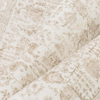 Beige Area Rug 5x8 Machine Washable Vintage Living Room Distressed Non Slip Carpet Traditional Indoor Bedroom Retro Floral Accent Throw Large Rug for Office Kitchen Bathroom Dining Room