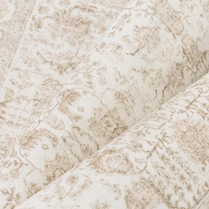 Beige Area Rug 9x12 Machine Washable Large Vintage Living Room Distressed Non Slip Carpet Traditional Indoor Bedroom Retro Floral Accent Throw Rug for Office Kitchen Dining Room