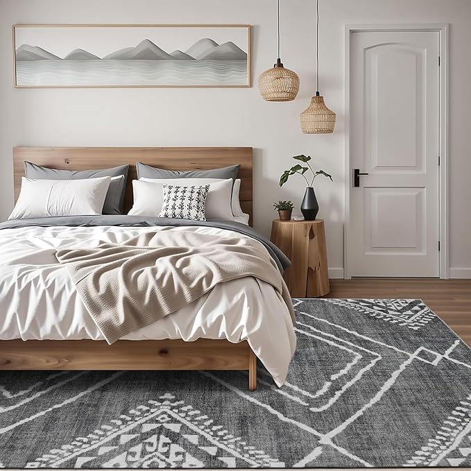 ReaLife Rugs Machine Washable Area Rug - Living Room Bedroom Bathroom Kitchen Entryway Office - Padded Low Pile Stain Resistant Premium - Moroccan Diamond Tribal - Jax - Gray 7'6" x 9'6"