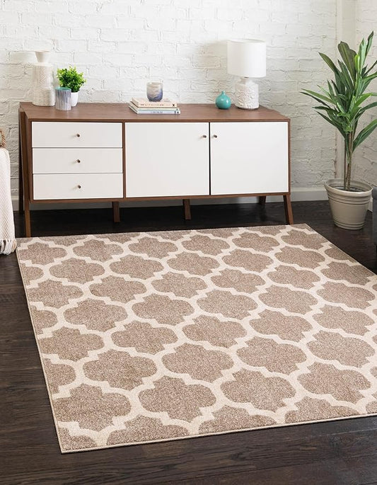 Rugs.com Lattice Collection Rug – 8 Ft Square Light Brown Medium-Pile Rug Perfect for Living Rooms, Kitchens, Entryways