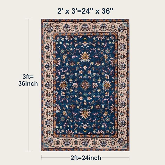 Tangsoo 2x3 Washable Rugs for Entryway, Small Area Vintage Floral Rug Non-Slip Soft Low Pile Rugs, Small Carpet Door Mat, Front Door Indoor Throw Rug for Entrance Kitchen Entry, Home Decor Navy Blue