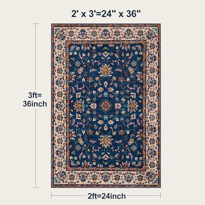Tangsoo 2x3 Washable Rugs for Entryway, Small Area Vintage Floral Rug Non-Slip Soft Low Pile Rugs, Small Carpet Door Mat, Front Door Indoor Throw Rug for Entrance Kitchen Entry, Home Decor Navy Blue