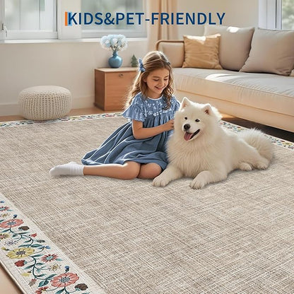 GarveeHome 4x6 Area Rugs for Bedroom Living Room Machine Washable Rugs Floral Bordered Small Carpet Non-Slip Stain Resistant Accent Carpet for Dining Room Table Apartment Office, Light Camel