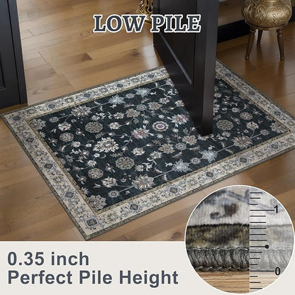 Tangsoo Black 8x10 Washable Area Rugs for Living Room, Floral Vintage Indoor Non Slip Large Area Rugs, Print Carpet Soft Low Pile Foldable Floor Rug for Bedroom Dining Room Dorm