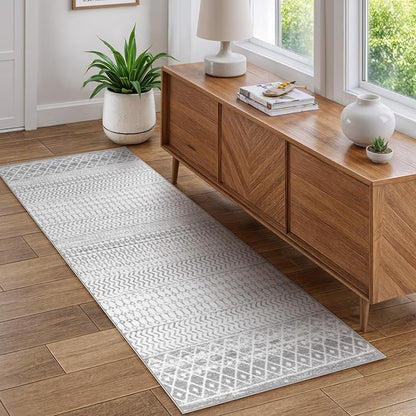 Moroccan Washable Runner Rug, 2x5 Ultra Soft Non-Slip Hallway Rug, Low Pile Distressed Gray Bathroom Rugs Carpet Runner for Entryway Kitchen Bedroom Laundry Room