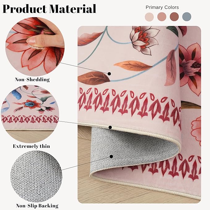Vintage Medallion Floral Indoor Door Mat 2x3, Machine Washable Entryway Rug, Low Pile Soft Small Carpet, Non-Slip Area Rug for Entrance, Bedroom, Kitchen & Kids Room | Pink