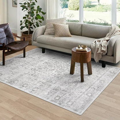 LIVEBOX Washable Gray Rug 6x9 - Vintage Soft Rug for Living Room, Large Neutral Rugs Anti-Skid Low-Pile Flower Carpet for Bedroom Office, Silverygray