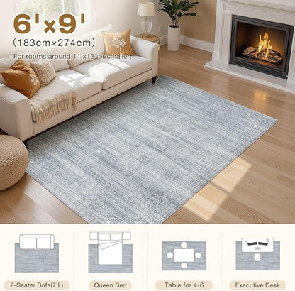 6x9 Area Rugs Living Room: Washable Large Vintage Blue Rug Neutral Non-Slip Soft Stain Resistant Indoor Carpet for Bedroom Nursery Dining Room Under Table Bed Home House Office Playroom