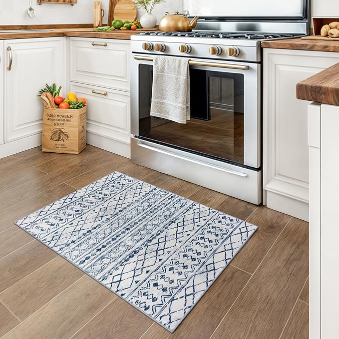 KUTA Moroccan Area Rugs, 2x3 Blue White Entryway Rug Non-Slip Washable Small Indoor Door Mat, Ultra Soft Print Vintage Distressed Geometric Low-Pile Floor Carpet for Entrance Kitchen