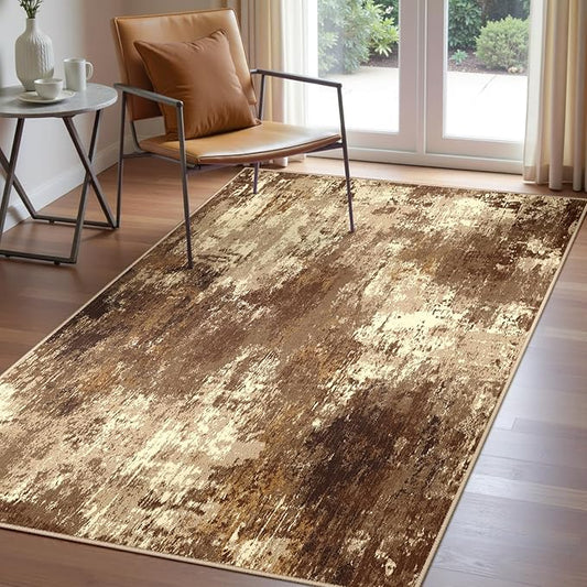 Washable Area Rugs 3'x5' Non-Slip Modern Abstract Soft for Living Room Entryway Bedroom Nursery, Print Pattern, Brown Tan Beige Coffee