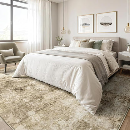 8x10 Machine Washable Area Rug for Living Room, Brown Modern Vintage Abstract Rug Large Non-Slip Low Pile Soft Faux Wool Carpet, Kids and Pets Friendly for Bedroom Dining Room Farmhouse Home Decor Rug