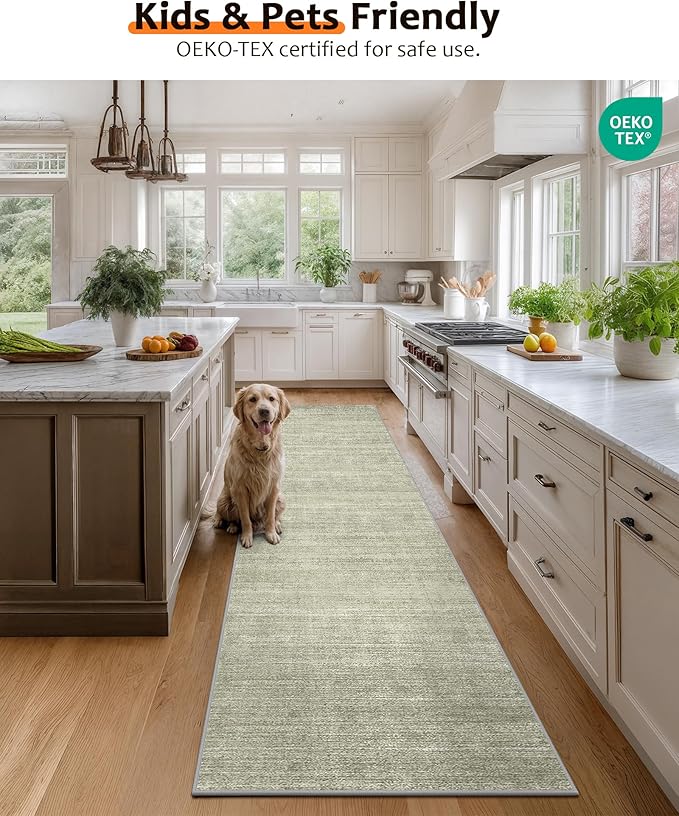Art&Tuft Non-Slip Runner Rug - 2x12 Runner Rug Washable Low-Pile Rugs Runners, Soft Distressed Carpet Runner for Bedroom Bathroom Kitchen Laundry Living Room, Green