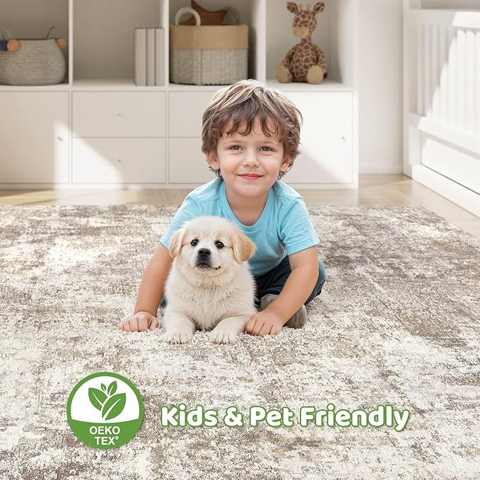 5x7 Area Rugs Living Room: Washable Large Abstract Soft Rug Stain Resistant Indoor Floor Non-Slip Accent Carpet for Women Modern Home Enthusiasts Aged- Bedroom Nursery Playroom- Beige Brown