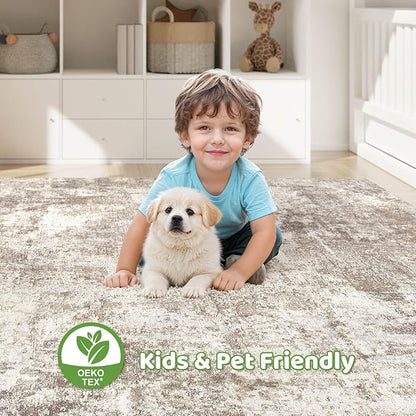 5x8 Area Rugs Living Room: Washable Large Abstract Soft Rug Stain Resistant Indoor Floor Non-Slip Accent Carpet for Women Modern Home Enthusiasts Aged 25-45 - Bedroom Nursery Playroom- Beige Brown