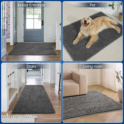 Chenille Absorbent Front Door Mat 60" x 24", Dog Door Mat for Muddy Paws, Dirt Trapper Doormat, Mud Mat for Dogs, Washable Non Slip Outdoor Indoor Doormats for Entryway, Grey