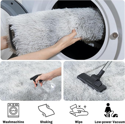 Soft Fluffy Area Rug for Bedroom, Tie-Dye Grey Fuzzy Shaggy Oval Throw Rugs for Bedside, Non-Slip Cozy Plush Shag Carpet for Kids Room Nursery Dorm Living Room, 2.6 x 5.3 Feet