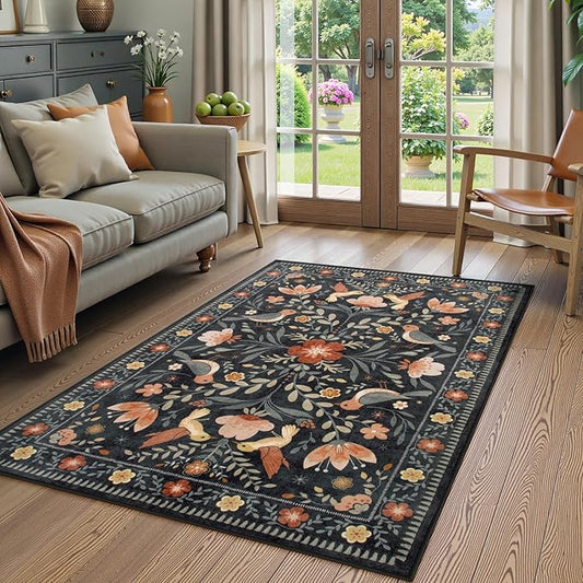 Moynesa 3x5 Entryway Rug Indoor, Modern Transitional Washable Non-Slip Low Pile Black Area Rug for Bedroom Kitchen Entry,Lightweight Foldable Farmhouse Floral Bird Carpet Folk Art Home Decor