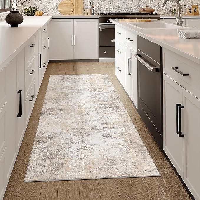 2x5 Washable Runner Rug Beige Grey Abstract Hallway Kitchen Throw Rug Neutral Modern Non Slip Soft Low Pile Carpet for Bathroom Laundry Bedroom Living Room