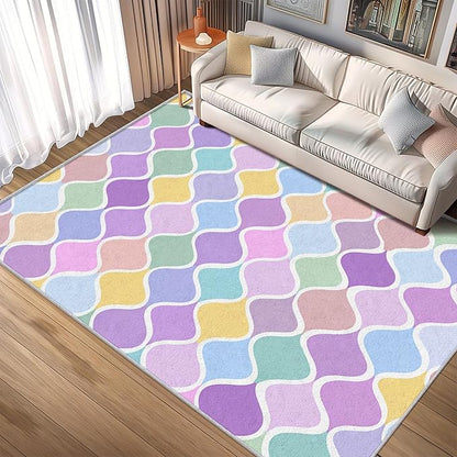 Washable 5x5 Abstract Wave Rug Living Room, Modern Geometric Colorful Design Area Rugs for Bedroom, Abstract Wave Home Decor Carpet, Low Pile, Non Slip, Kids & Pet Friendly (N4166)