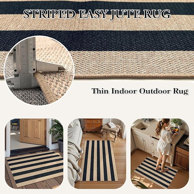 Lahome Striped Easy Jute Rug, 2x3 Entryway Rug Indoor Outdoor Front Door Mat, Farmhouse Neutral Non Slip Non Shedding Washable Kitchen Mats for Floor Foyer