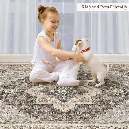 Tangsoo Vintage Round Rug 4ft Washable Circle Rug, Non Slip Small Boho Round Rug, Low Pile Circular Rugs, Round Carpet for Bedroom,Entryway,Nursery,Dorm,Kitchen,Grey/Multi
