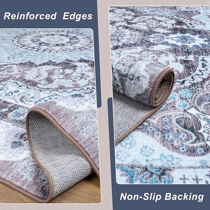 4x6 Area Rug for Bedroom, Machine Washable Rugs with Non-Slip Backing for Living Room, Soft Vintage Carpet Kitchen Laundry Kids Room Decor, Blue & Brown