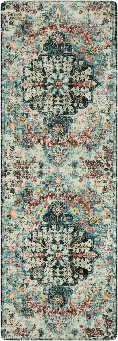 Lahome Bohemian Floral 2'8" x 8' Washable Hallway Runner Rug, Non Slip Kitchen Carpet Runners, Turkish Soft Pet Friendly Stair Mat for Bathroom Laundry Room Sunroom, Teal