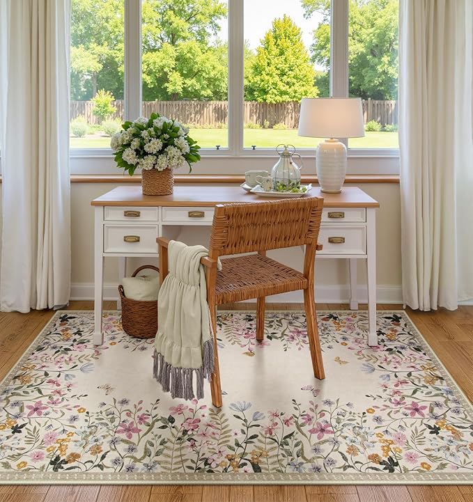 Wonnitar Washable 4x6 Rug for Bedroom, Floral Print Area Rug for Living Room, Non-Slip Entryway Throw Mat, Low Pile Botanical Area Rug Floor Carpet for Bedside (Beige,4'x6')