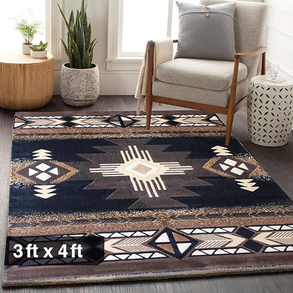 YHSF South West Native American Area Rug C318 - Easy Clean, Thick, Soft, Durable Native Tribal American Indian Inspired Rug for Bedroom/Living Room and More - Black, 3 Feet x 4 Feet 7 Inches