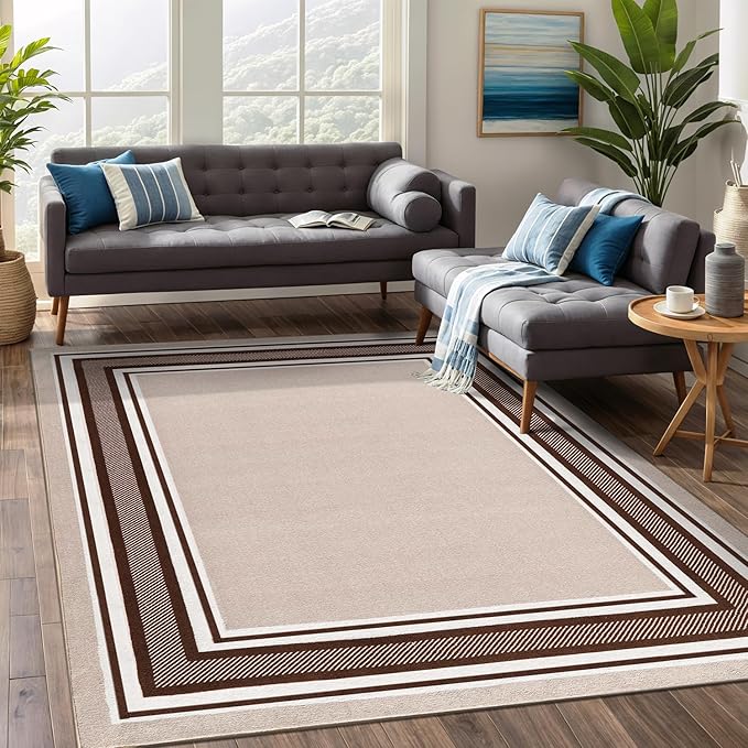 Beverly Rug Non Slip Area Rugs 5x7 Modern Bordered Non Skid Rubber Backing Soft Area Rug for Living Dining Room Easy to Clean Non Shedding Kitchen Bedroom Indoor Carpet 5 x 7 Beige-Brown