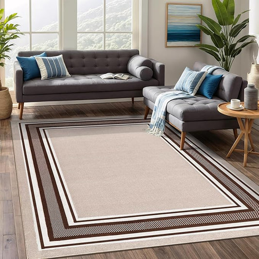 Beverly Rug Non Slip Area Rugs 5x7 Modern Bordered Non Skid Rubber Backing Soft Area Rug for Living Dining Room Easy to Clean Non Shedding Kitchen Bedroom Indoor Carpet 5 x 7 Beige-Brown
