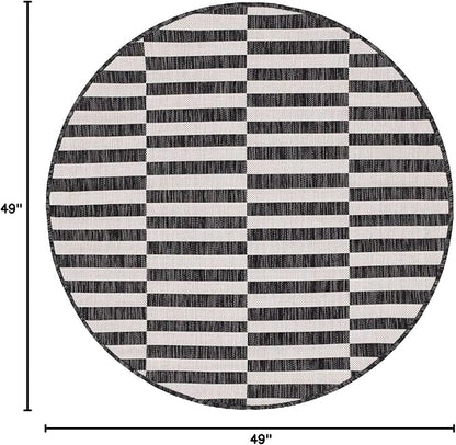 Unique Loom Outdoor Striped Collection Area Rug - Striped (4' 1" Round, Charcoal/Ivory)