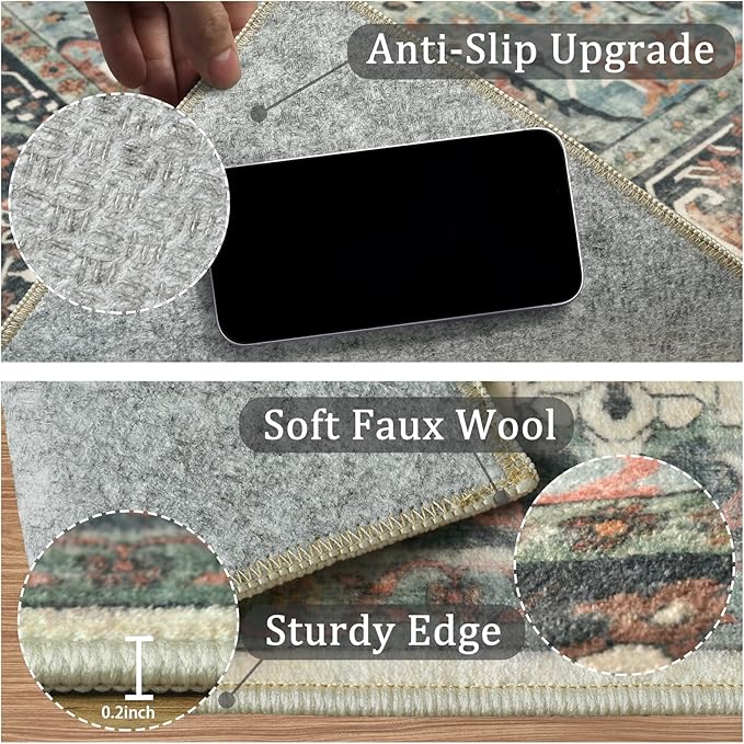 6x9 Machine Washable Area Rug for Living Room, Blue Beige Boho Vintage Floral Rug Large Non-Slip Low Pile Soft Faux Wool Carpet, Kids and Pets Friendly for Bedroom Dining Room Farmhouse Decor Rug