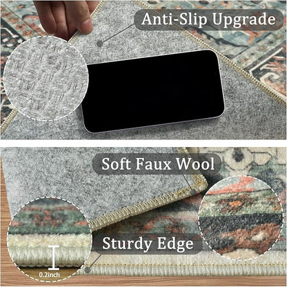 5x7 Machine Washable Area Rug for Living Room, Blue Beige Boho Vintage Floral Rug Large Non-Slip Low Pile Soft Faux Wool Carpet, Kids and Pets Friendly for Bedroom Dining Room Farmhouse Decor Rug