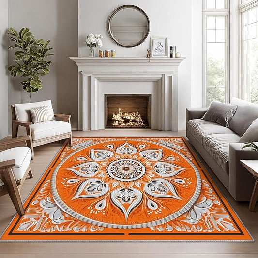 Mandala Rugs 5x7 -Orange Mandala Rug, 5x8 ft, Vintage Meditation Area Rug, Hippie Spiritual Washable Non-Slip Stain Resistant, Boho Vintage Floral Home Decor & Gifts