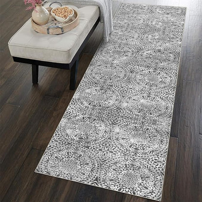 vivorug Grey Runner Rug 2x10 Machine Washable Rug with Non-Slip Backing, Ideal for Kitchen Hallway Entryway Laundry Room - Vintage, Durable, Easy Clean, Low Pile Carpet Runner