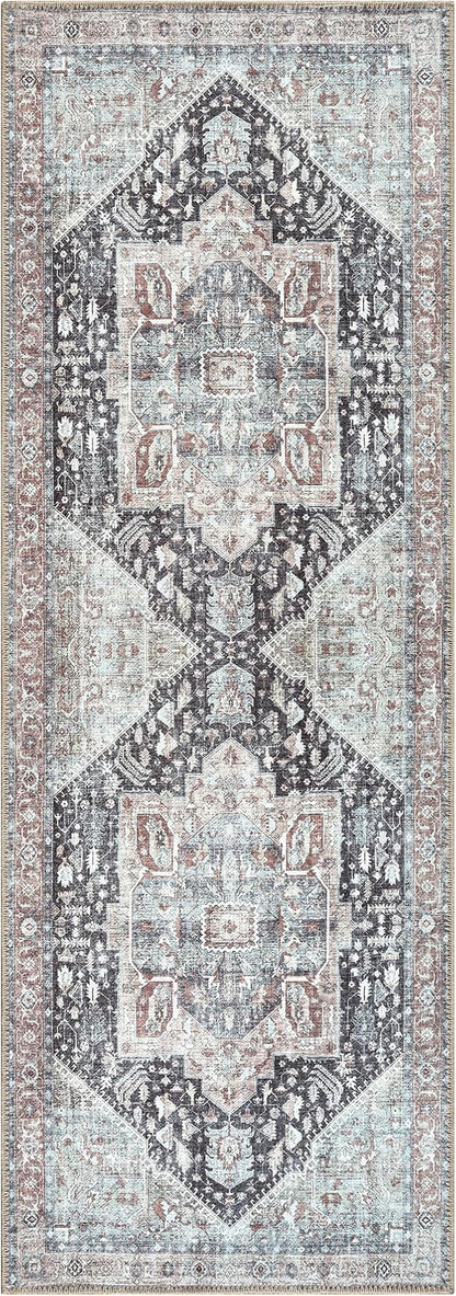 Bloom Rugs Washable Non-Slip 12 ft Runner - Charcoal/Brown Traditional Medallion Runner for Entryway, Hallway, Bathroom, and Kitchen - Exact Size: 2.5' x 12'