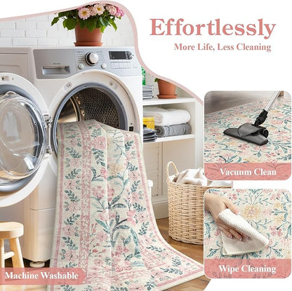 Wonnitar Washable Area Rug 6x9, Pink Floral Rugs for Bedroom Girls Soft Living Room Carpet Ultra-Thin, Boho Non Slip Non-Shedding Pastel Nursery Carpet for Kids Room Playroom Dorm