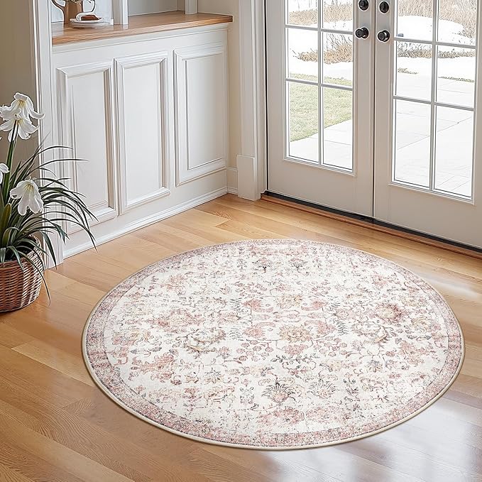 jinchan Kalen Round Rug 4ft Area Rug Washable Vintage Indoor Retro Accent Entryway Floor Cover Distressed Floral 4' Round Circle Boho Non Slip Thin Carpet for Bedroom Living Room Dining Room Red