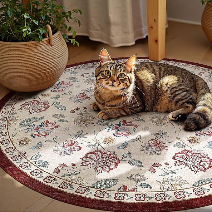 jinchan Elora 4ft Floral Round Rug for Entryway Washable Kitchen Rug Vintage Romance Design Non Slip Indoor Doormat Lightweight Low-Profile Throw Carpet for Living Room Dining Room Bedroom, Red/Beige