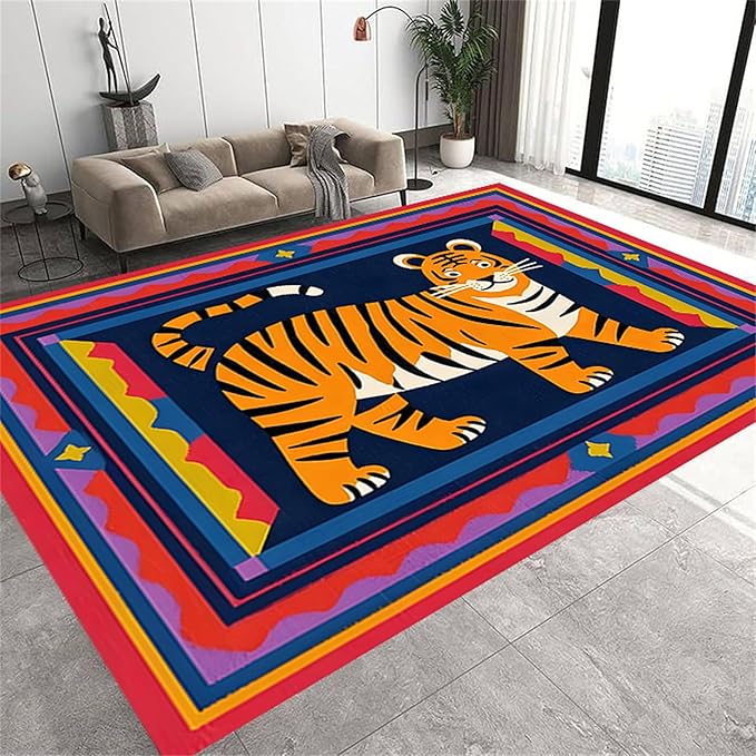 Cartoon Tiger Area Rug, 4x6ft,Tiger Theme Decorative Rug Suitable for Living Room Sofa Area, Modern Abstract Non-Slip Washable Tiger Pattern Rug Suitable for Bedroom Children's Room Decoration