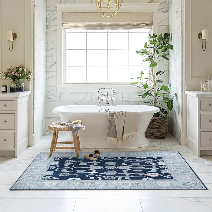 Fame Living Navy Blue Oushak Rug, Modern, Vintage, Turkish, Eclectic, Floral, Pastel, Washable, Oversized, Extra Large Area Rugs for Living Room, Dining, Bedroom, Lounge 9'5"x14'