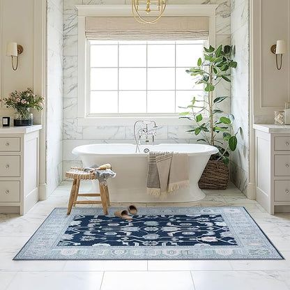 Fame Living Navy Blue Oushak Rug, Modern, Vintage, Turkish, Eclectic, Floral, Pastel, Washable, Extra Large Area Rugs for Living Room, Dining, Bedroom, Lounge, 9'x12'