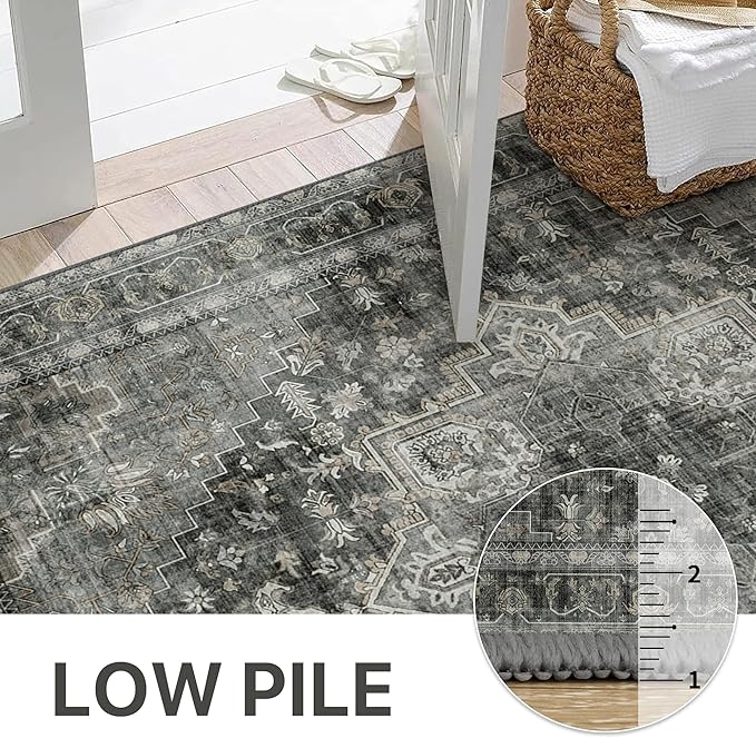 GENIMO 2x10 Runner Rugs for Hallway, Machine Washable Non Slip Vintage Rugs, Low Pile Lightweight Soft Print Rug for enrtyway, Corridor, Home Office, Kitchen, Charcoal Gray