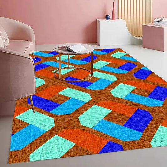 Bright Vibrant Geometric Living Room Area Rug with Burgundy and Blue Colorful Texture Machine Washable Non Slip Soft Carpet for Nursery Room Bedroom Dining Room Home Office Indoor 5x8 Rugs