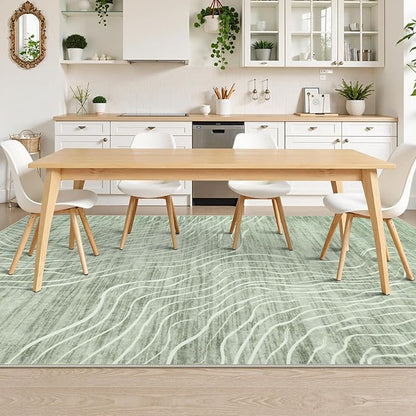 LIVEBOX 8x10 Modern Area Rugs for Living Room, Abstract Non-Slip Washable Rugs, Minimalist Wave Striped Neutral Boys Girl Nursery Area Rug for Bedroom, Carpet for Playroom Office(Sage Green,8'x10')