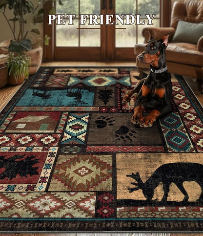 YIHOUSE Rustic Cabin Area Rug 6x9,Machine Washable Lodge Bear Rug,Non-Slip Low Pile Print Pattern Southwestern Rug for Living Room Bedroom